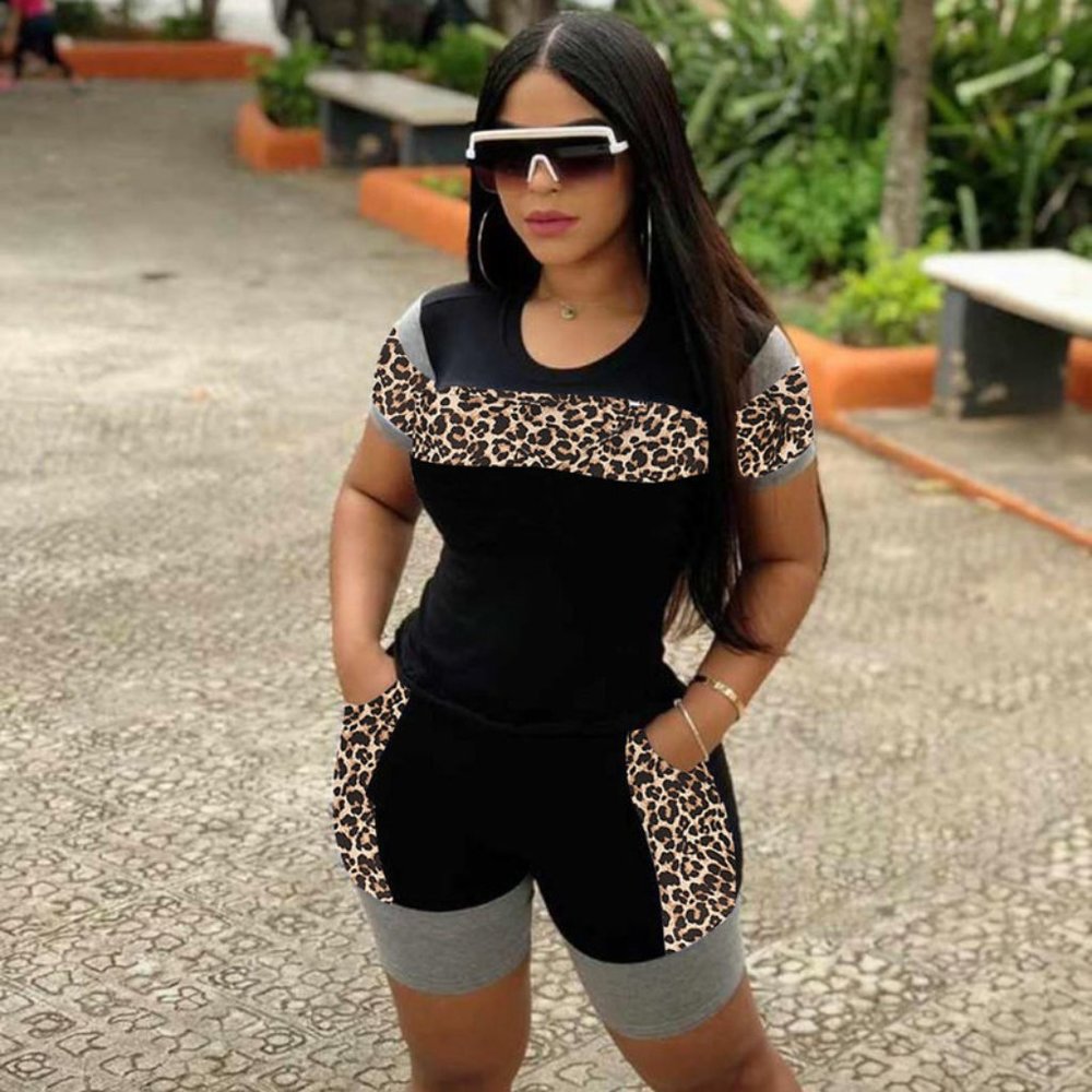 Women's Leopard Two Piece Shorts Set